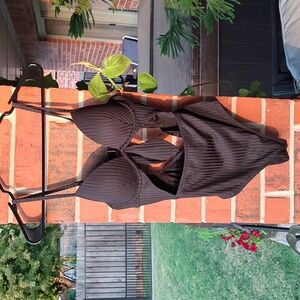 Shade & Shore Womens Shore Ribbed Tie Front Cut Out One Piece Swimsuit 32C